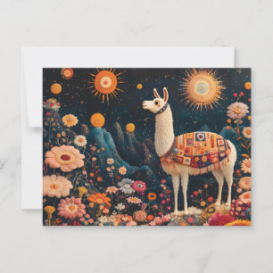 Whimsical Llama in a Starry Floral Landscape Postcard