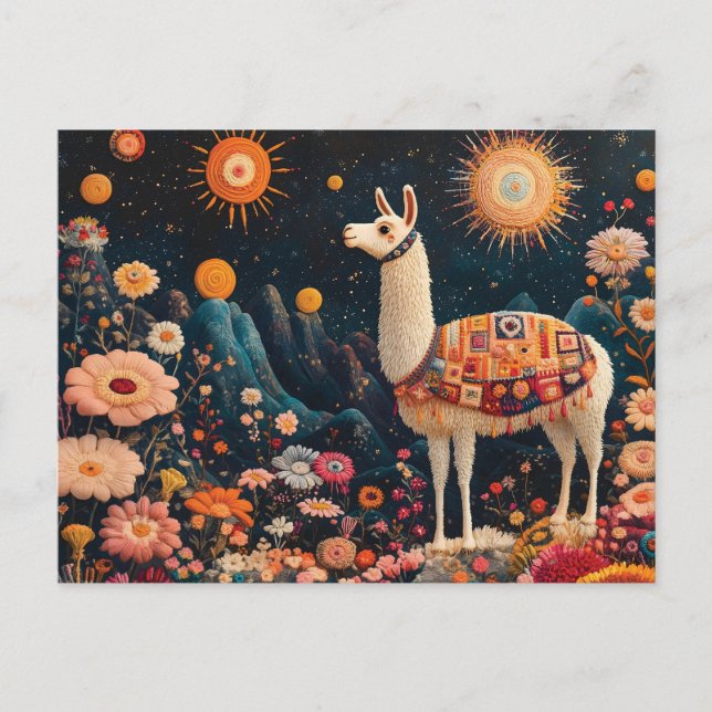 Whimsical Llama in a Starry Floral Landscape Postcard (Front)