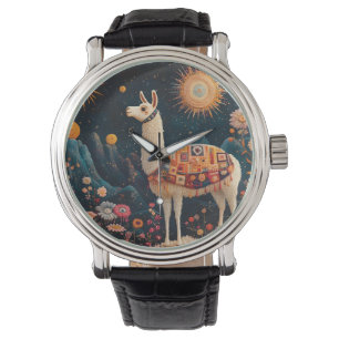 Whimsical Llama in a Starry Floral Landscape Watch
