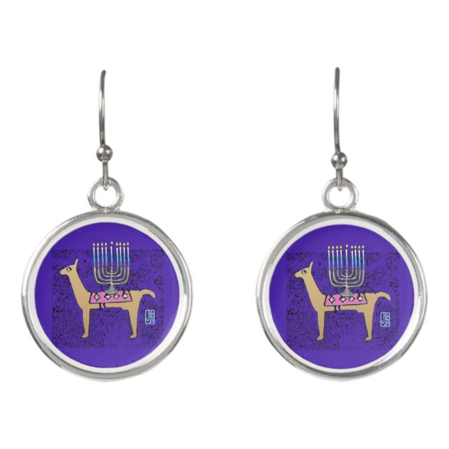 Whimsical Llama with Menorah Earrings (Front)