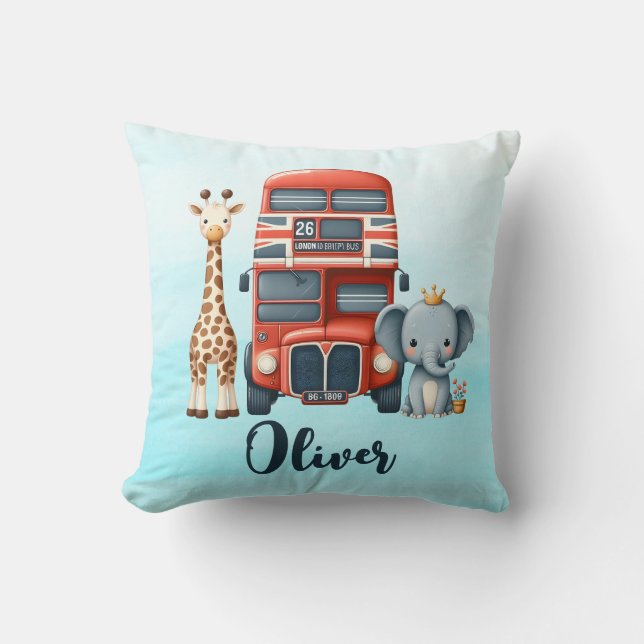  Whimsical London Bus with Giraffe & Elephant Throw Pillow (Front)