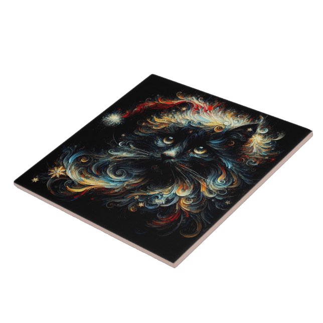 Whimsical Long Hair Black Cat Santa Christmas Hat Ceramic Tile (Side)