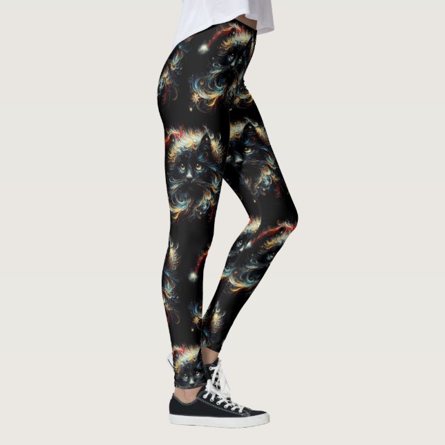 Whimsical Long Hair Black Cat Santa Christmas Hat Leggings (Right)