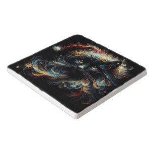 Whimsical Long Hair Black Cat Santa Christmas Hat Trivet