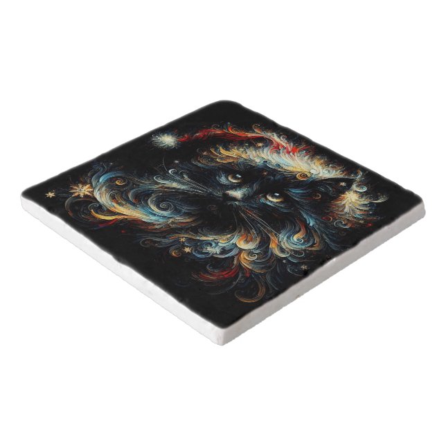 Whimsical Long Hair Black Cat Santa Christmas Hat Trivet (Corner)