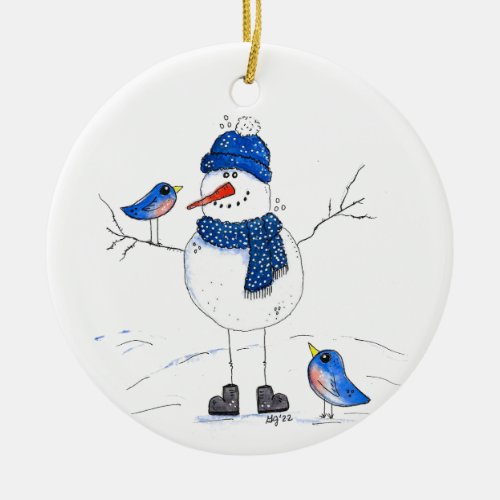 Whimsical Long_Legged Snowman Ceramic Ornament