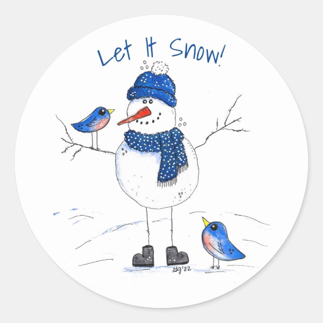 Whimsical Long-Legged Snowman Classic Round Sticker (Front)