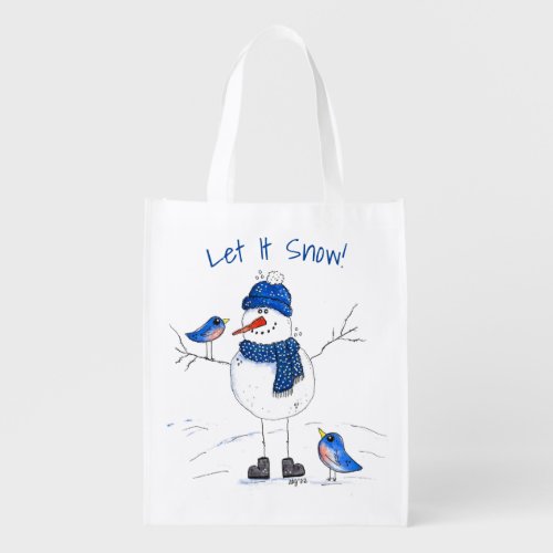 Whimsical Long_Legged Snowman Grocery Bag