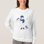 Whimsical Long-Legged Snowman T-Shirt<br><div class="desc">This is an original mixed media painting of a whimsical long-legged snowman with two bluebirds.</div>