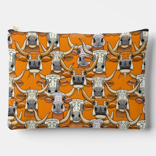 Whimsical Longhorn Cattle Portraits In Repeat Accessory Pouch (Front)