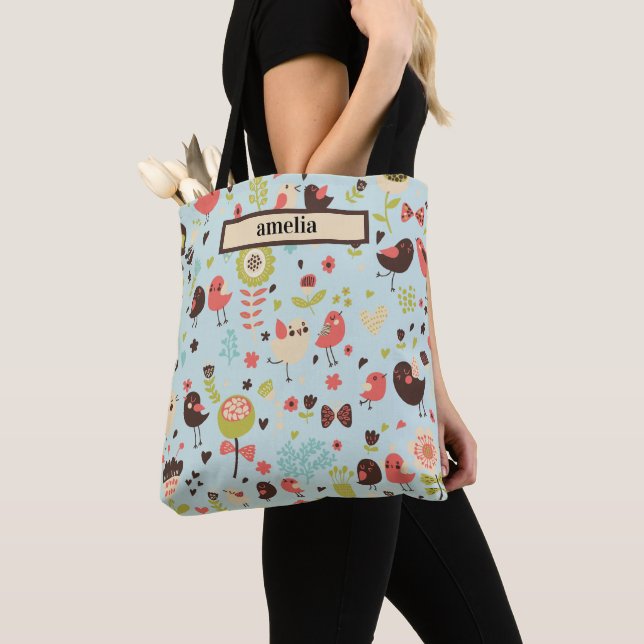 Whimsical Love Birds and Flowers Tote Bag (Close Up)