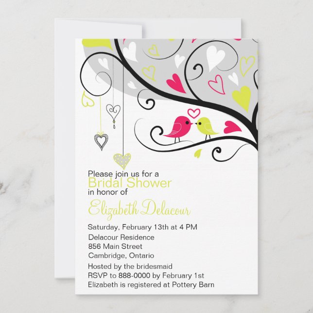 Whimsical Love Birds Gray Bridal Shower Invitation (Front)