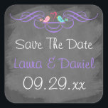 Whimsical Love Birds on Chalkboard Wedding Sticker<br><div class="desc">This 1.5" square shaped fun and whimsical chalk board LOOK save the date wedding sticker or envelope seal has a pair of lovebirds on it in shades of pink and orange and blue and green with a hot pink heart between them. There is a fancy ornate purple scroll with a...</div>