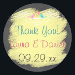 Whimsical Love Birds on Chalkboard Wedding Sticker<br><div class="desc">This 1.5" round shaped fun, romantic and whimsical gray and white chalk board LOOK wedding favor thank you sticker or candy buffet sticker has a pair of lovebirds on it in shades of pink and orange and blue and green with a hot pink heart between them. There is a fancy...</div>