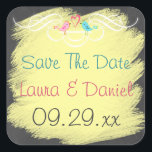 Whimsical Love Birds on Chalkboard Wedding Sticker<br><div class="desc">This 1.5" square shaped fun and whimsical chalk board LOOK save the date wedding sticker or envelope seal has a pair of lovebirds on it in shades of pink and orange and blue and green with a hot pink heart between them. There is a fancy ornate white scroll with a...</div>