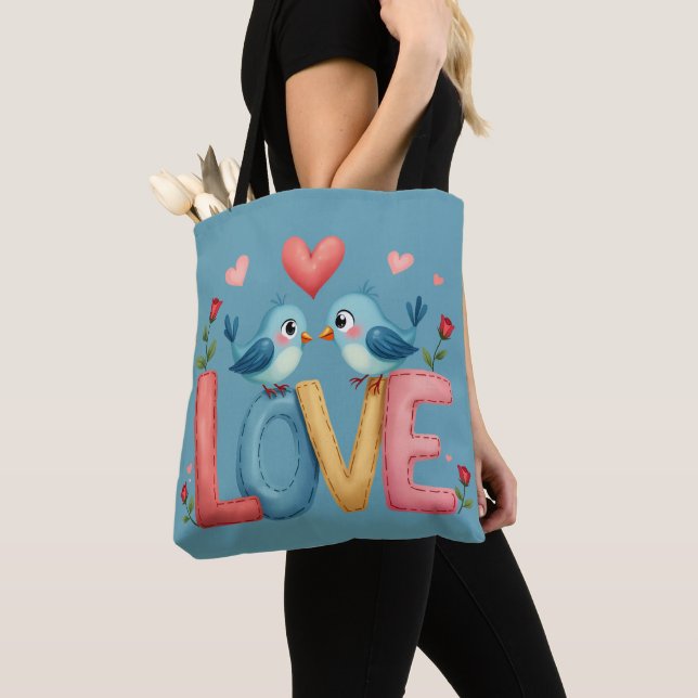 Whimsical Love Birds Pastel Cottagecore Art Tote Bag (Close Up)