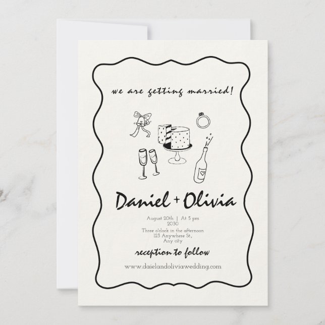 Whimsical Love: Black and White Illustrative Doodl Invitation (Front)