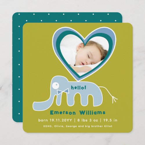 Whimsical Love Blue Elephant Photo Baby Boy Birth Announcement