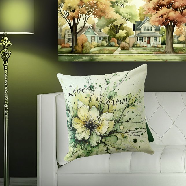 Whimsical Love Grows Green Floral Throw Pillow (An artistic pillow featuring a whimsical floral design in green - great for a gardener)