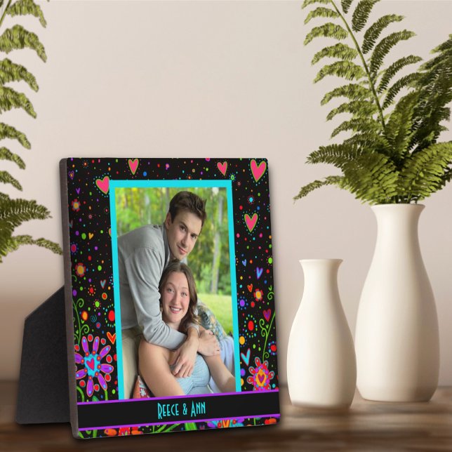 Whimsical Love Hearts Photo Customized Names Black Plaque (Creator Uploaded)