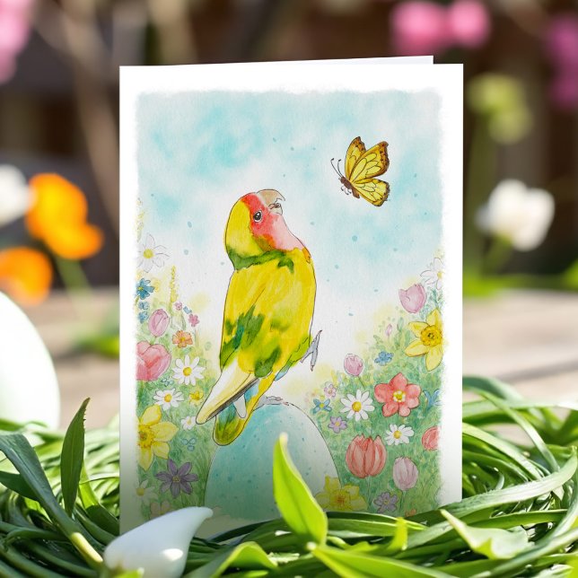 Whimsical Lovebird Easter Cute Watercolor Flowers Holiday Card (Whimsical lovebird Easter card with pastel egg, wildflowers & butterfly watercolor art.”)