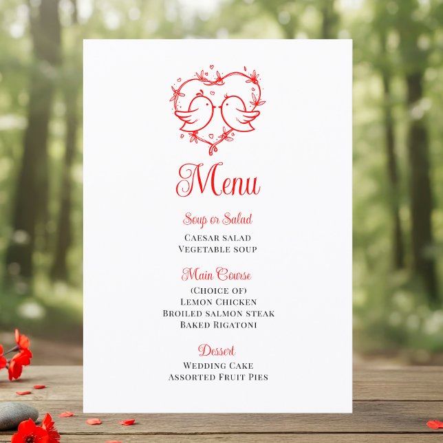Whimsical Lovebirds Boho Red Heart Garden Wedding Menu (Creator Uploaded)