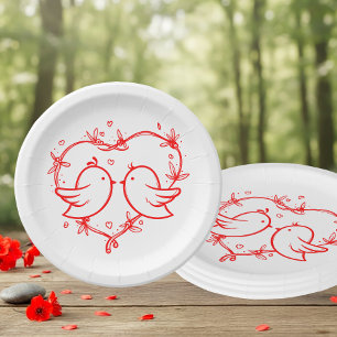 Whimsical Lovebirds Boho Red Heart Garden Wedding Paper Plates