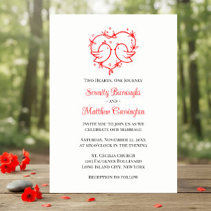 Whimsical Lovebirds Boho Red Love Heart Wedding Invitation