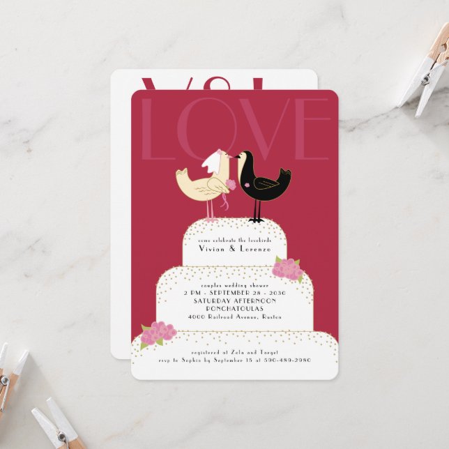Whimsical Lovebirds Wedding Cake Couples Shower Invitation (Front/Back In Situ)