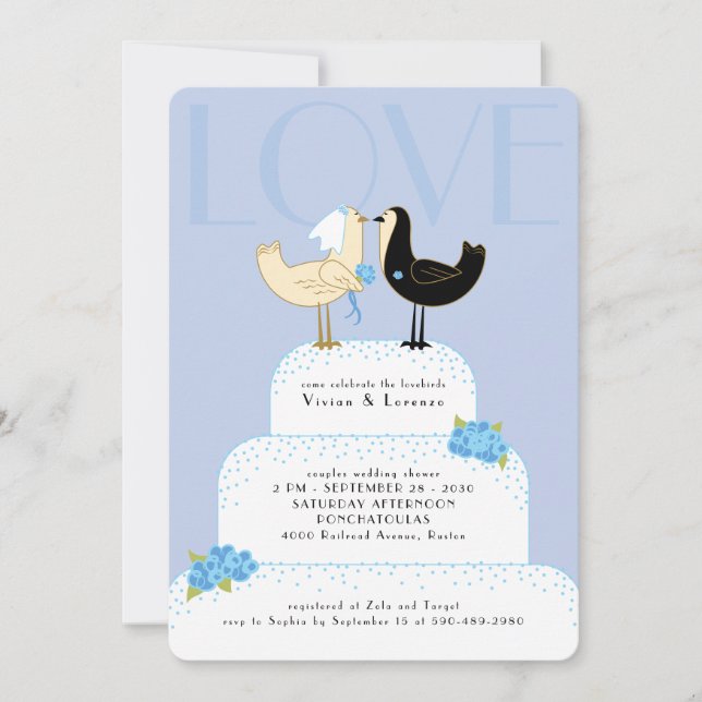 Whimsical Lovebirds Wedding Cake Couples Shower Invitation (Front)