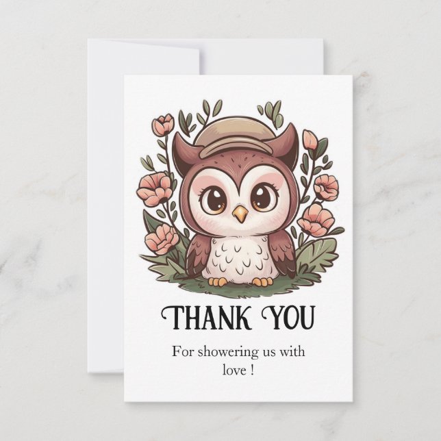 Whimsical Lovely Owl Baby Shower Thank You Card (Front)