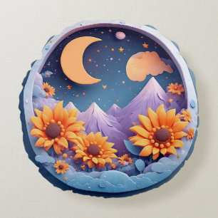 Whimsical Lunar Scene Surrounded by Sunflowers Round Pillow