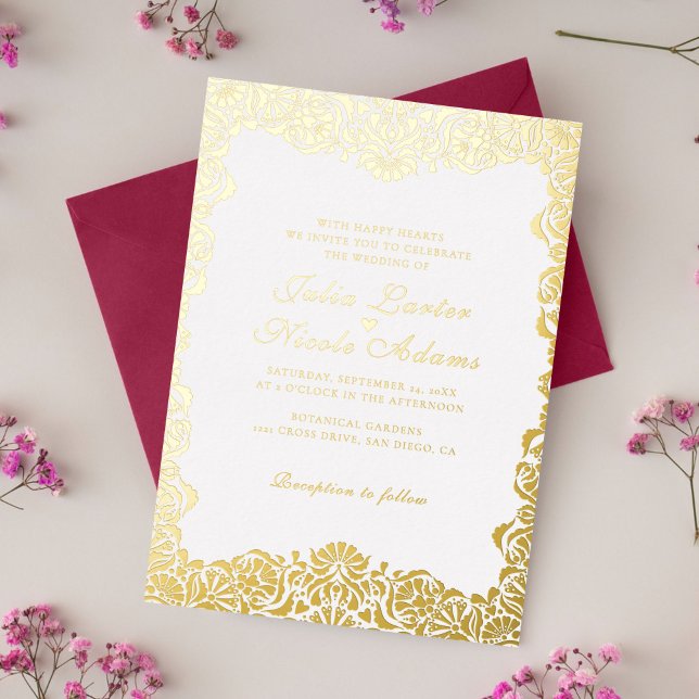 Whimsical Luxury Ivory Floral Style Border Wedding Foil Invitation (Creator Uploaded)