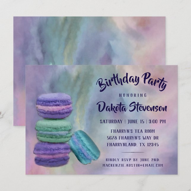 Whimsical Macarons | French Sweets Pastel Birthday Invitation (Front/Back)