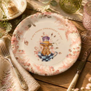 Whimsical Mad Hatter Highland Cow Tea Party Paper Plates