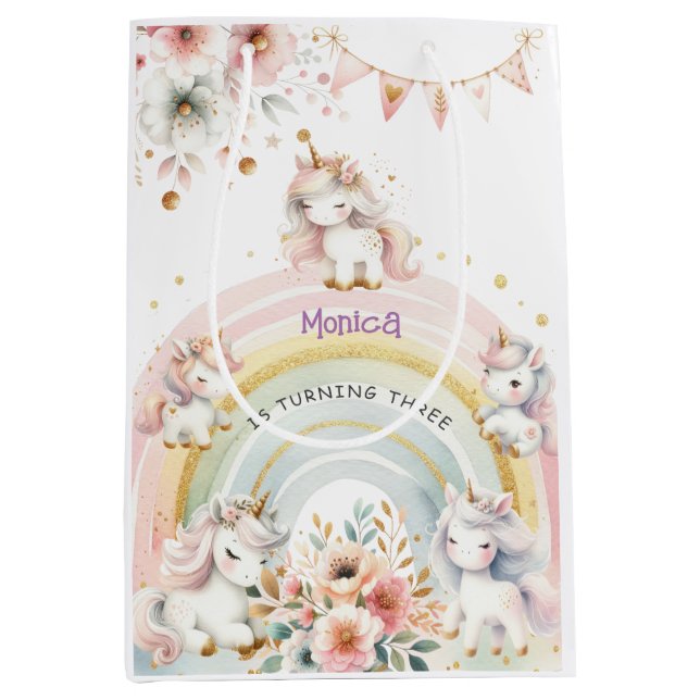 Whimsical magic pastel unicorn kids birthday medium gift bag (Front)