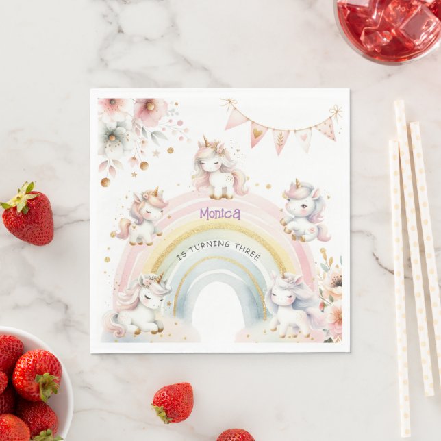 Whimsical magic pastel unicorn kids birthday napkins (Insitu)