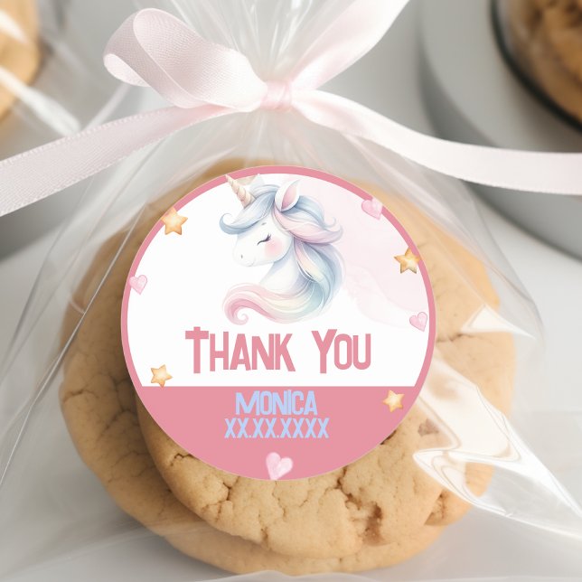 Whimsical magic pastel unicorn kids birthday thank classic round sticker (Creator Uploaded)