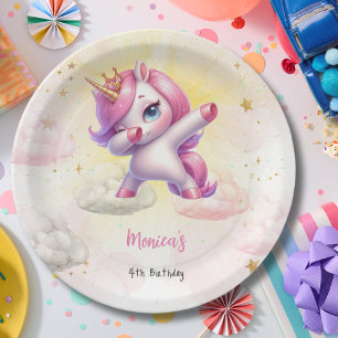 Whimsical magic pink dabbing unicorn kids birthday paper plates