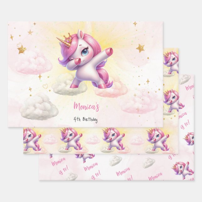 Whimsical magic pink dabbing unicorn kids birthday wrapping paper sheets (Set)