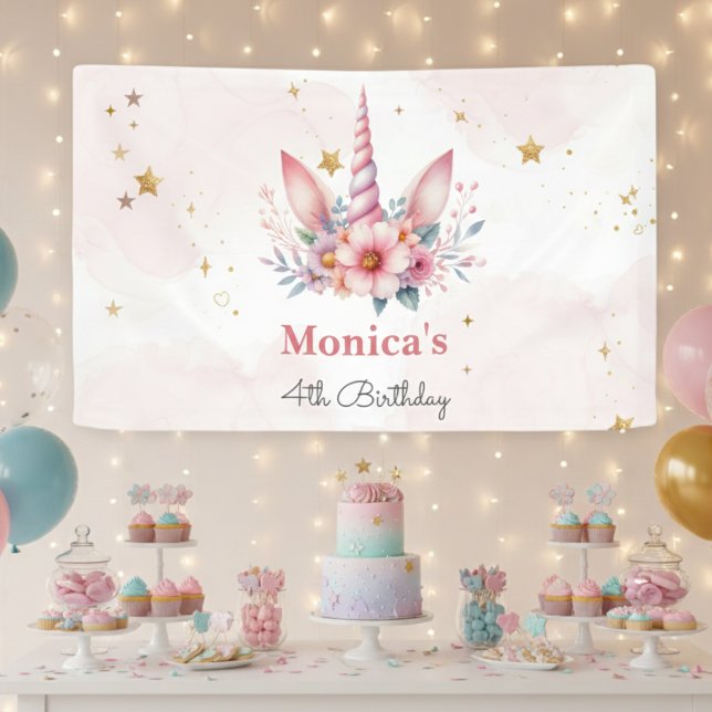 Whimsical magic pink unicorn horn kids birthday banner (Creator Uploaded)