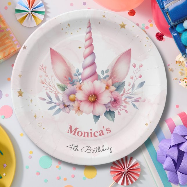 Whimsical magic pink unicorn horn kids birthday paper plates (Creator Uploaded)