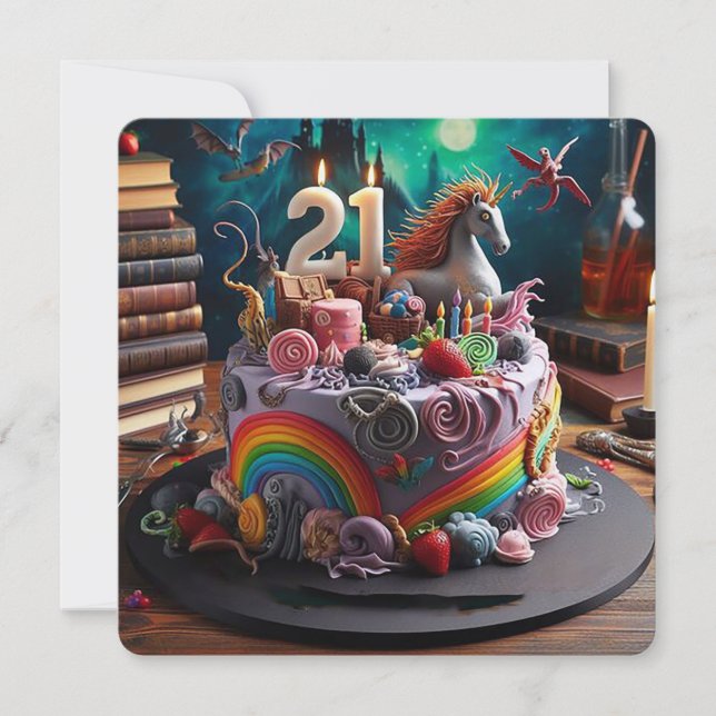 WHIMSICAL MAGICAL 21ST BIRTHDAY CAKE CARD (Front)