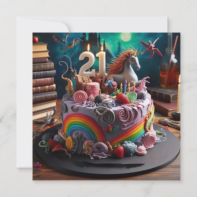 WHIMSICAL MAGICAL 21ST BIRTHDAY CAKE CARD (Front)