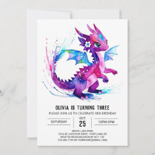 Whimsical Magical Dragon Digital Girl Birthday Invitation