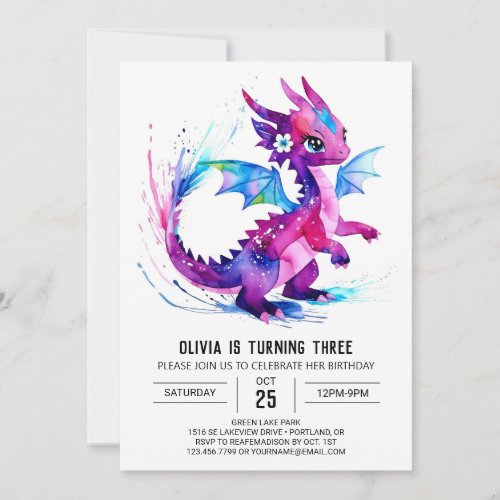 Whimsical Magical Dragon Digital Girl Birthday Invitation