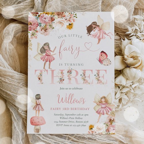 Whimsical Magical Floral Fairy 3rd Birthday Party Invitation