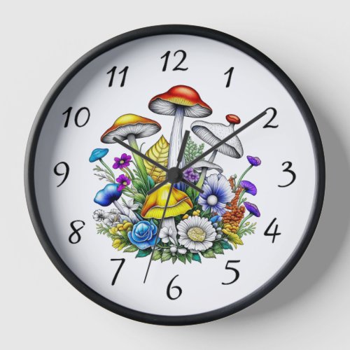 Whimsical Magical Mushrooms and Flowers Clock