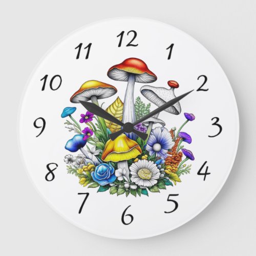 Whimsical Magical Mushrooms and Flowers Large Clock