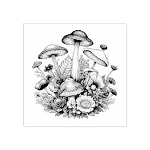 Whimsical Magical Mushrooms and Flowers Rubber Stamp
